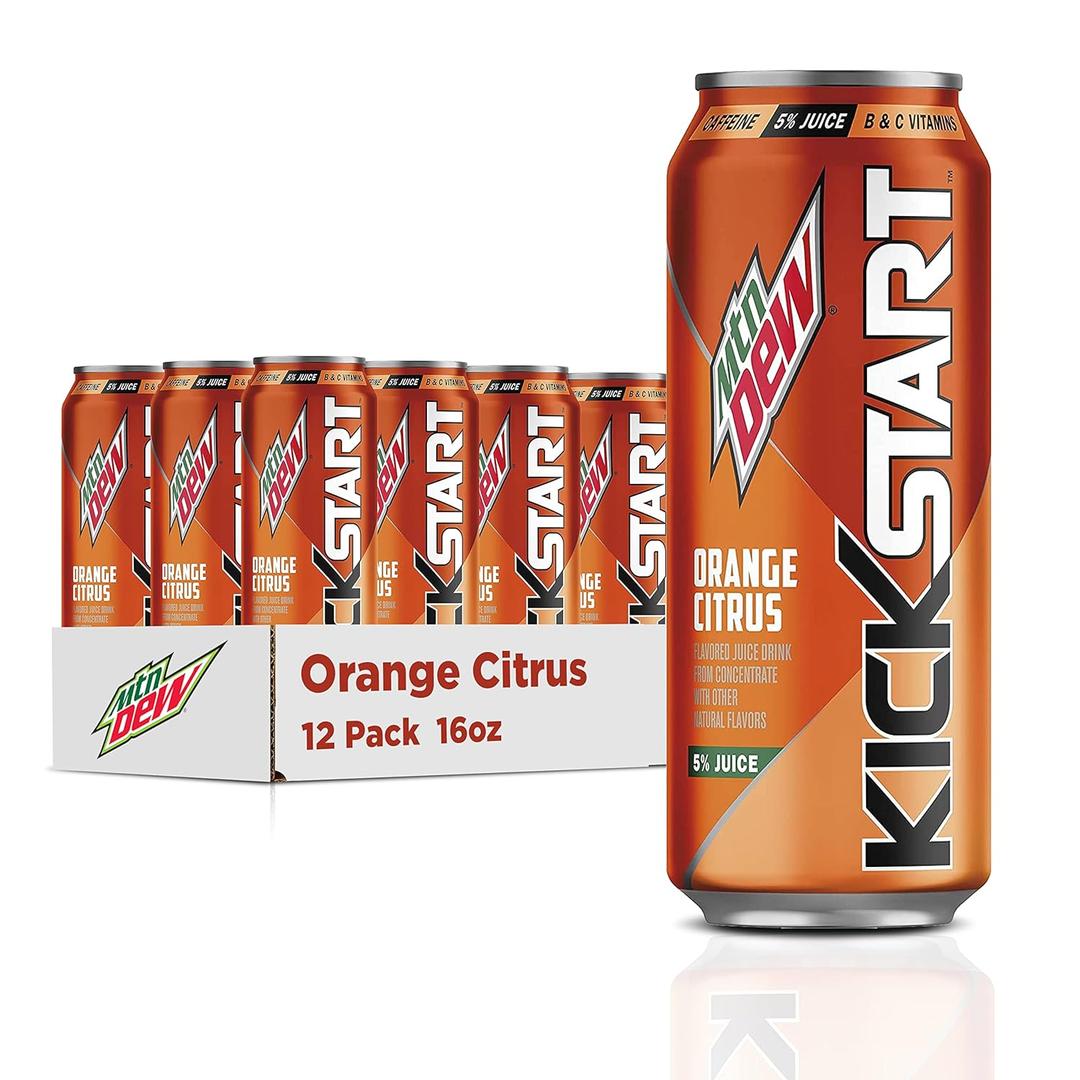 Mountain Dew Kickstart, Orange Citrus, 92mg Caffeine, Vitamins B & C, 80 Calories, 5% Juice, 16 Fl Oz (Pack of 12) Best by 11/11/2025