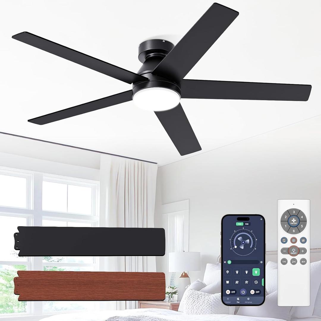 Ceiling Fans with Lights, 52 inch Ceiling Fan with Light and Remote,Flush Mount, Noiseless, Remote Control, 6 Speeds, Reversible, Dimmable, 3CCT, Black Ceiling Fan for Bedroom, Living Room
