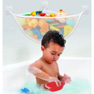 Bath Toy Holder Corner, Kids Bath Toy Net for Tub, Bathtub Holder Basket, Storage Bin Hammock Organizer, Shower Caddy Hanging Mesh Bag, Baby Bathroom Storage with 3 Suction Cups 3 Adhesive Wall Hooks