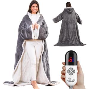 Wearable Heated Blanket with Foot Pocket Sleeves, Heated Robe Heated Snuggie, 6 Heating Levels 4 Hours Auto-Off, Overheat Protection Machine Washable, 50x70, Grey