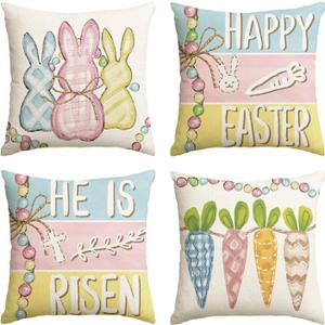 AVOIN colorlife Happy Easter Colorful Bunny Carrots Throw Pillow Covers, 20 x 20 Inch He is Risen Stripes Cushion Case Decoration for Sofa Couch Set of 4