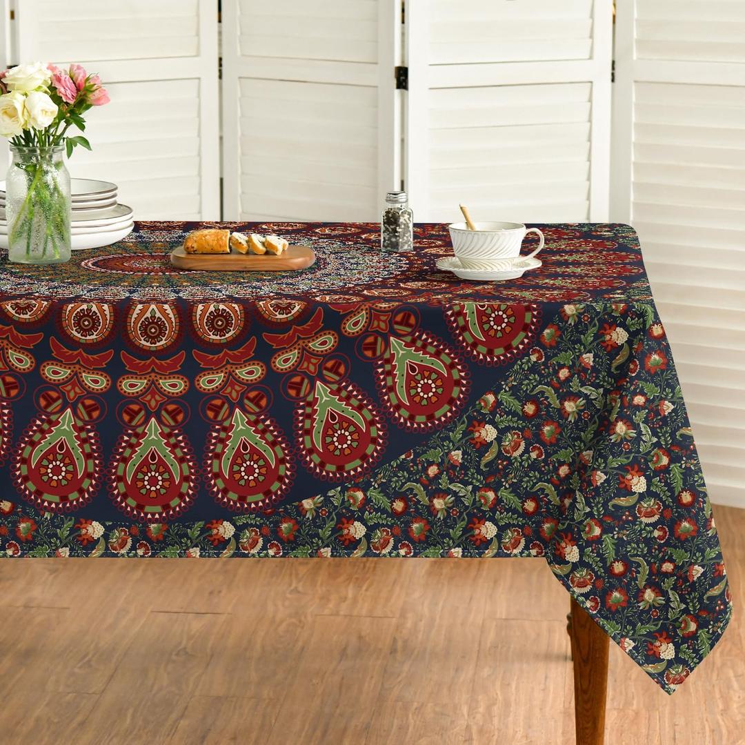 Horaldaily Rectangular Tablecloth 60x84 Inch, Boho Bohemian Psychedelic PeacockMandala Washable Seasonal Table Cover for Party Picnic Dinner Decor (Red)
