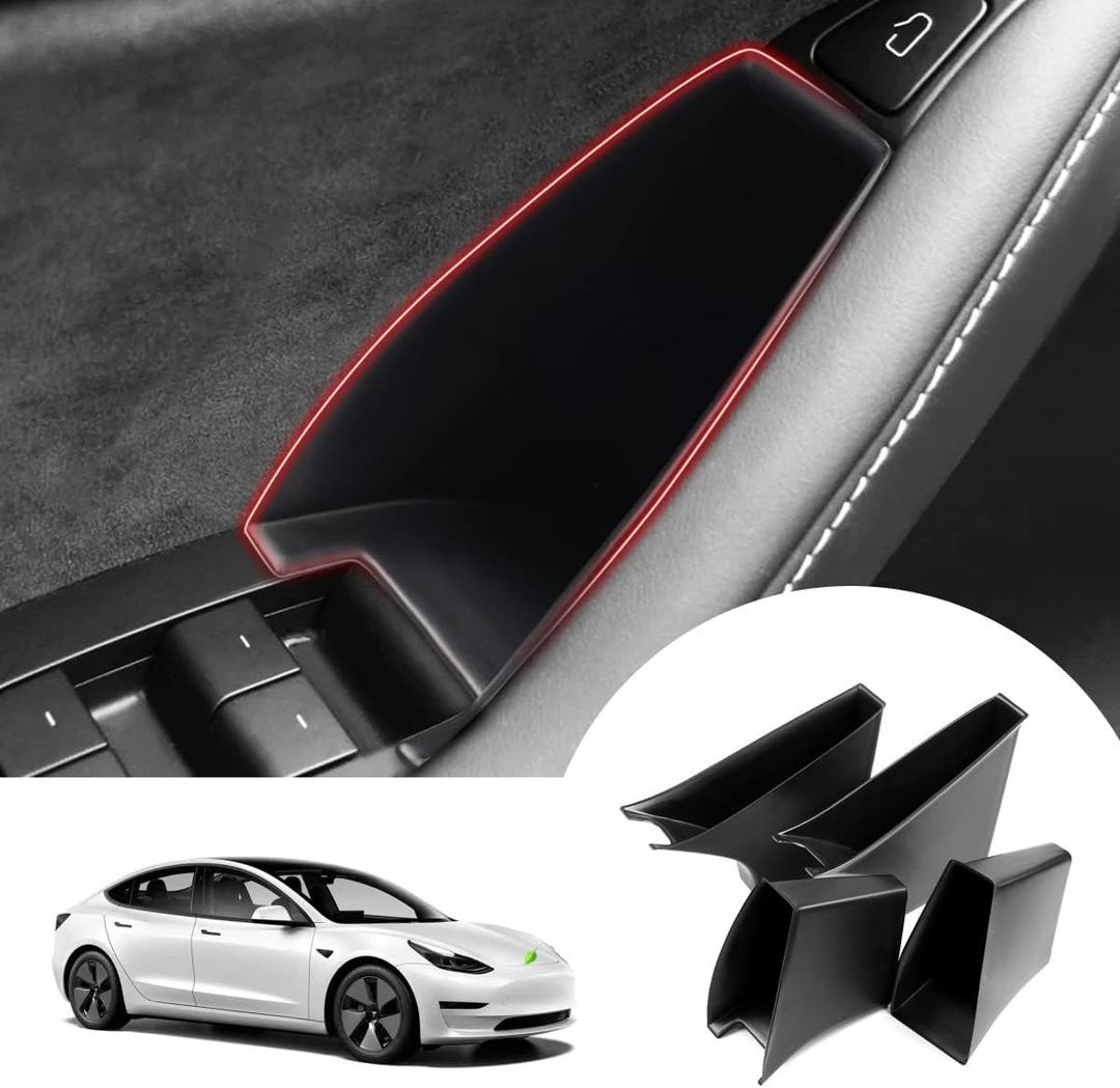 Autorder Custom Fit for Door Side Storage Box Tesla Model 3 2017-2023/ Model Y 2020-2023 Accessories Armrest Phone Container Door Organizer Handle Pocket Tray Black Set of 4