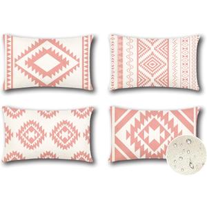 OTOSTAR Outdoor Waterproof Throw Pillow Covers 16x24 Inch Set of 4 Boho Farmhouse Outdoor Cushion Covers for Patio Funiture Garden（Geometry80-Pink）