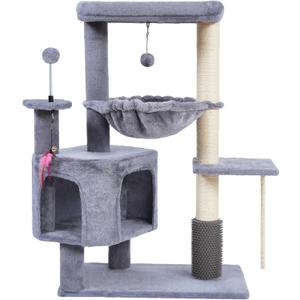 Cat Tree with Cat Condo and Hammock for Indoor Cats, Cat Tree with Self-Grooming Brush and Toy Balls,Cat Tower with Scratching Posts,Grey