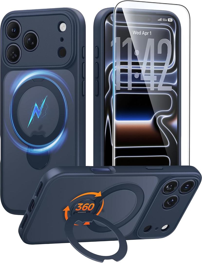 FNTCASE for iPhone 17 Pro-Max Case: [360 Spin Magnetic Stand] [Compatible with Magsafe] [Screen Protector] Translucent Matte Military Grade Shockproof Full Camera Protective Phone Cover - Deep Blue