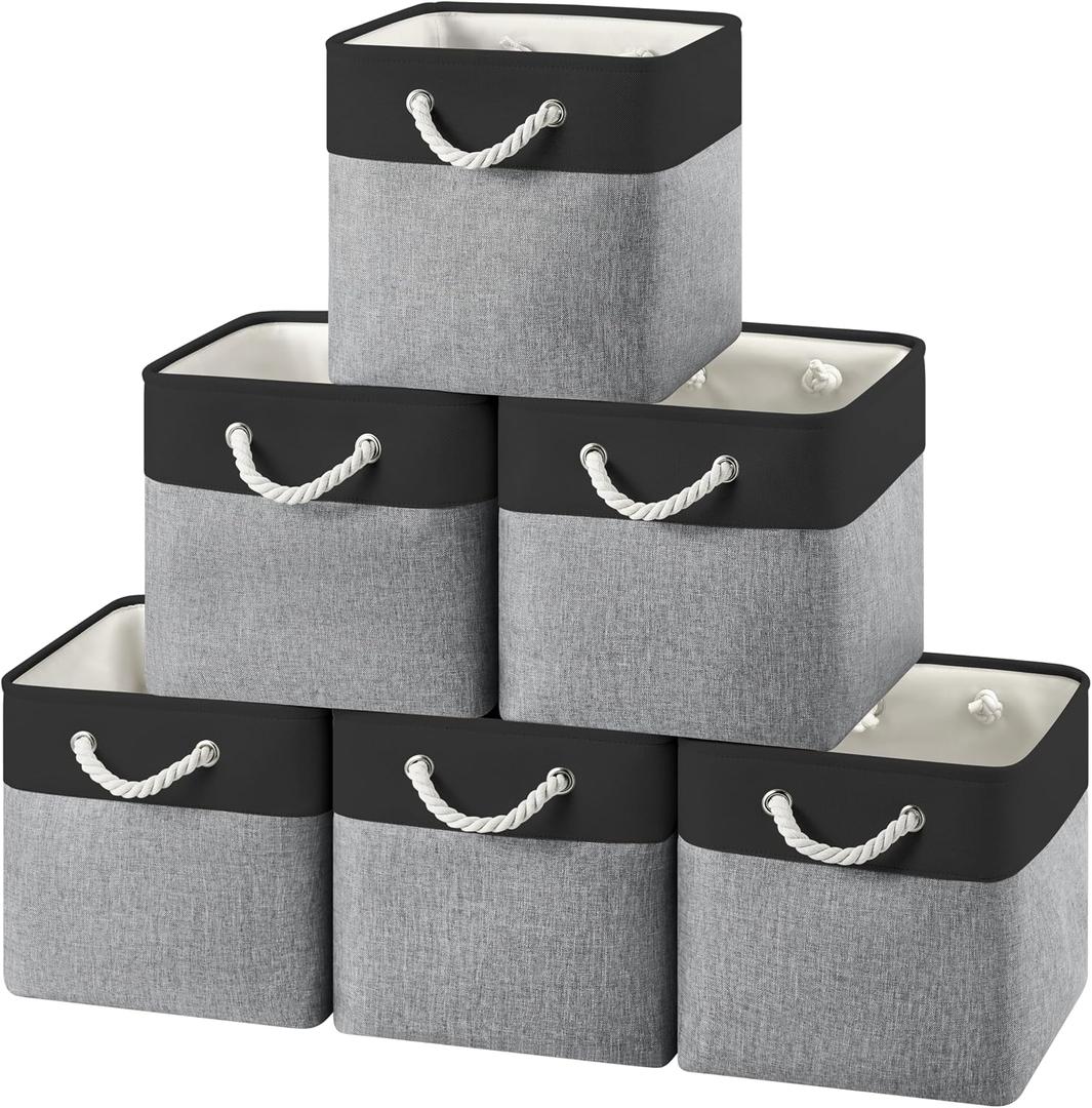 12x12 Storage Cube Bins, 6 Pack Reinforced Bottom Cardboard Foldable Box, Organizer for Closet Shelves, Heavy Home Storage Baskets (Black Gray)