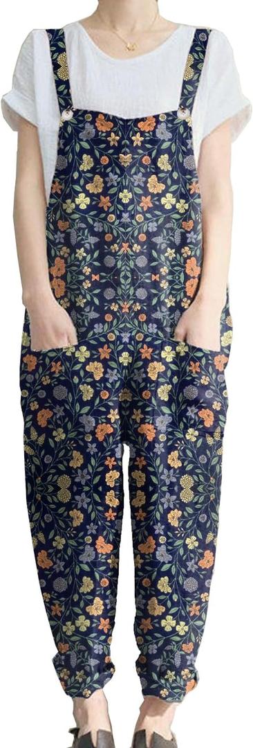 KMAZN Women's Casual Loose Long Cotton Bib Overalls Baggy Plus Size Jumpsuits Rompers (L)