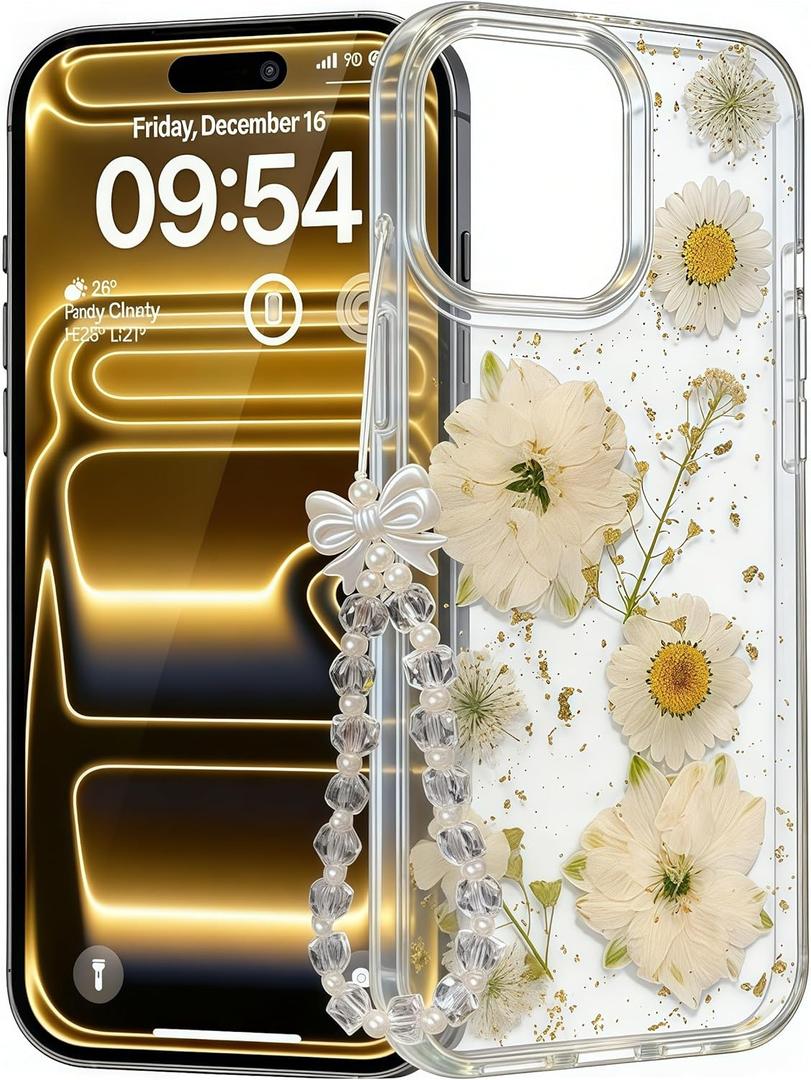 for iPhone 14 Case, [Real Daisy White Flower & Gold Foil][with Luxury Bracelet Wrist Strap] Floral Design, Clear Soft TPU for Women and Girls