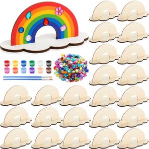 Blueweenly 24 Sets Christmas Rainbow Painting Craft for Kids Party Favors, Art Wooden Painting Sets for Party Favors Brush Kit Return Gifts, Birthday Supplies Class Make Your Own Craft Kits