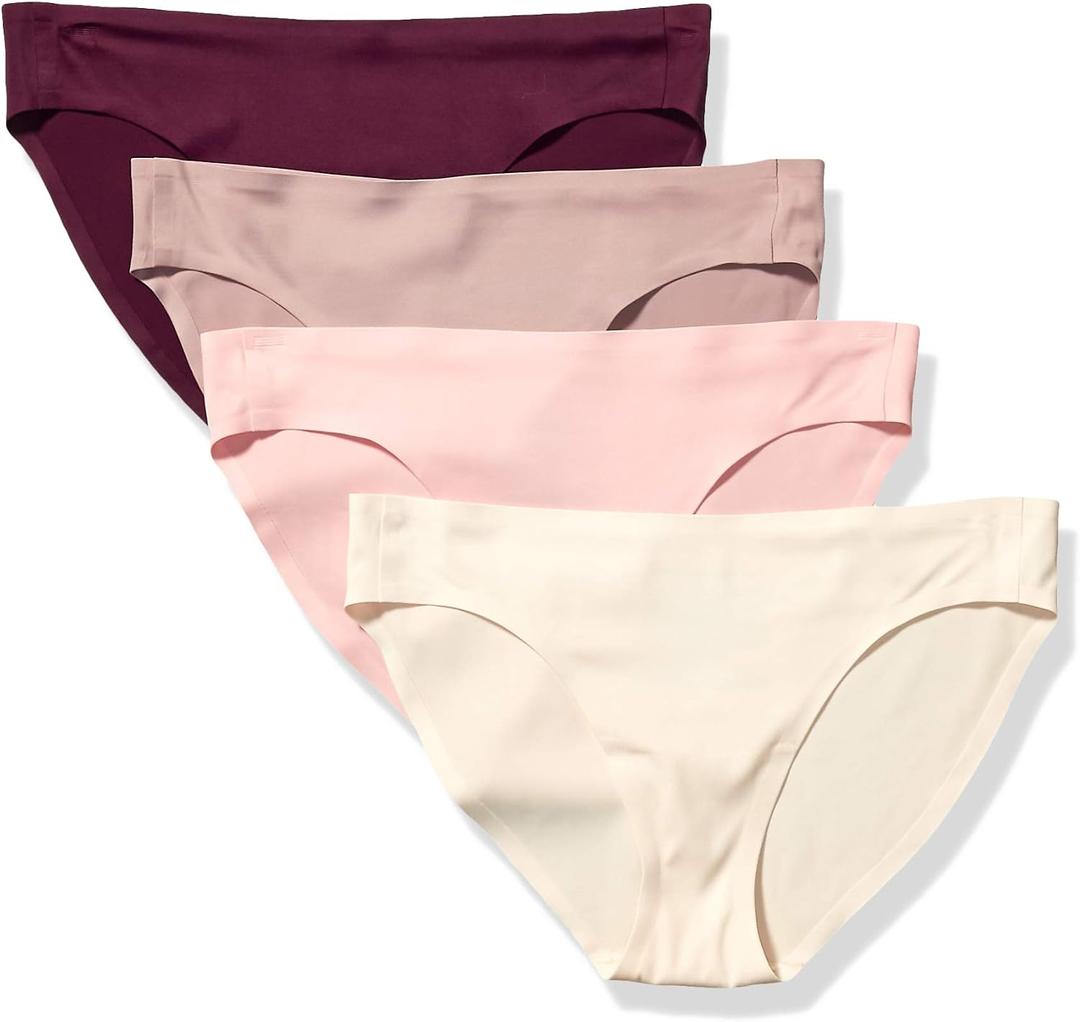 Amazon Essentials Women's Seamless Bonded Stretch Bikini Brief Underwear, Pack of 4, Beige/ Burgundy/ Pink/ Taupe, Large