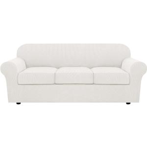 H.VERSAILTEX 4 Piece Stretch Sofa Covers for 3 Cushion Couch Covers for Living Room Furniture (Base Cover Plus 3 Seat Cushion Covers) Upgraded Thicker Jacquard Fabric (Sofa, Porcelain White) (Large)