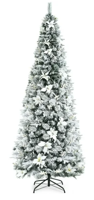 8ft Snow Flocked Christmas Pencil Tree w/ Berries & Poinsettia Flowers