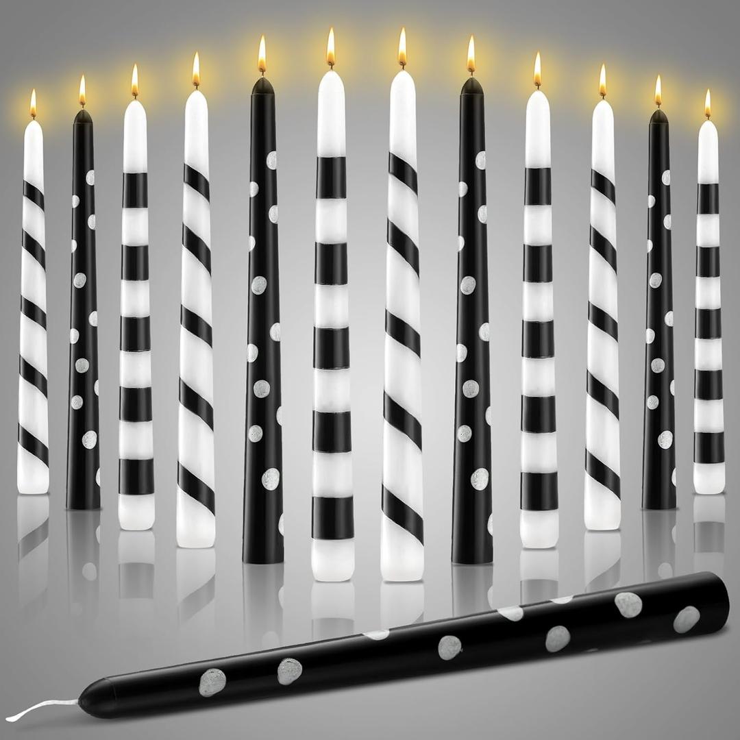 Conelist 12 Pcs Black and White Taper Candles Set Adhesive Striped Candles 10 Inch Tall Holiday Decor for Dinner Party Wedding Anniversary