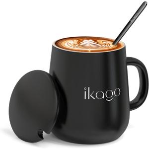 Ikago Ceramic Coffee Mug Set, 15oz Mugs with Lid and Spoon, Black Coffee Mug, Matching Mug lid, Novelty Laser Engraving Pattern, Best Gift for Coffee, Tea, Cocoa Lovers