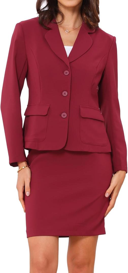 Allegra K Women 2 Piece Skirt Set Suit Business Blazer and Pencil Skirt Office Work Interview Church Outfits (Wine Red, Large)