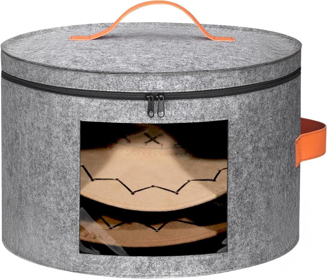 Round Cowboy Hat Box for 6-9 Caps, Large Felt Hat Organizer Bag for Men & Women Storage, With Support, Foldable 16.5" D x 11" H Carrier