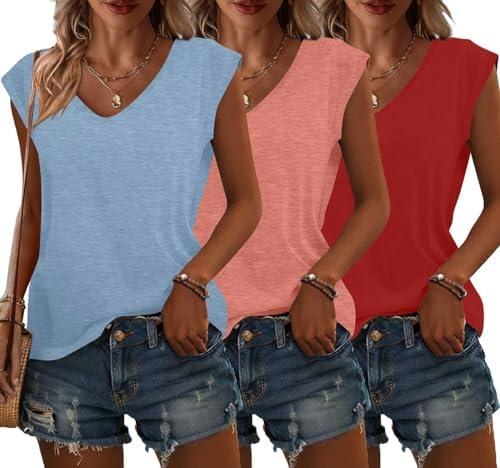 Bliwov 3 Pack Womens Cap Sleeve Tops V Neck T Shirts Summer Fall Outfits Plus Size Beach Vacation Fashion Tee Workout Clothes, XXL