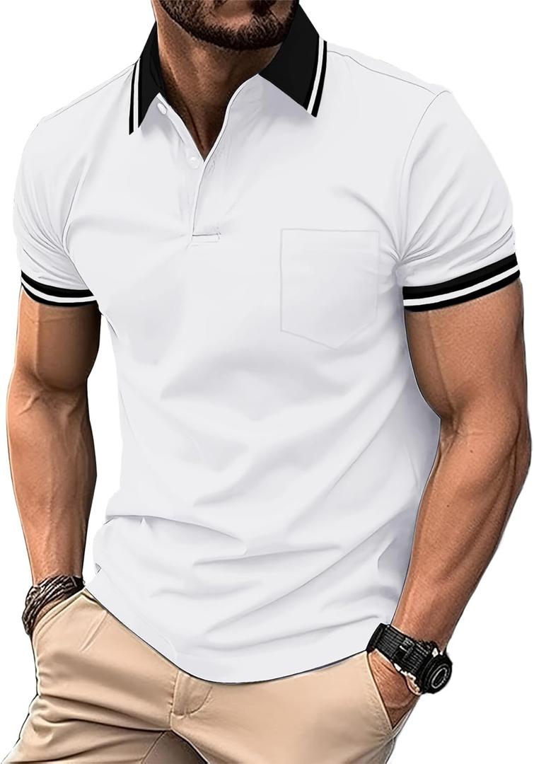 ZITY Mens Polo Shirts Casual Short Sleeve Athletic T-Shirts Classic Contrast Collar Shirt with Pocket (XX-Large)