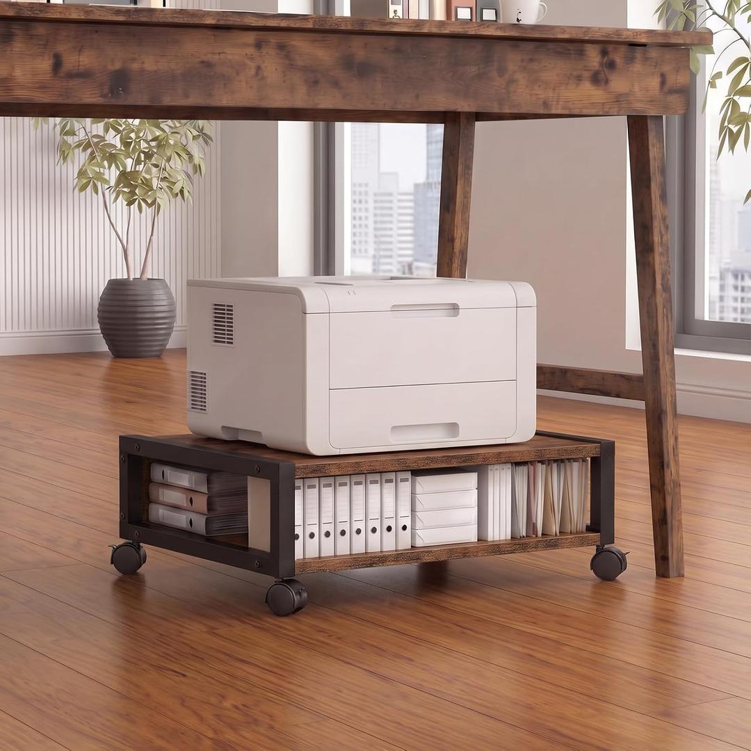 Zonon 2 Tier Printer Stand Under Desk with Wheels, Open Shelf Style, Brown | 19.7x15.7x7.9 Inch Rolling Printer Table Cart, Short Storage Shelf with Lockable Wheels, for Home Office Organization