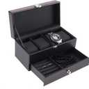 NovelBee Double-Layer 4 Slots Watch Boxes with 2 Grids Jewelry Display Organizer Case for Women and Men Watch Jewelry Earring Rings Bracelets Storage (Black)