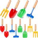 8" Kids Gardening Tools, Metal Beach Sandbox Digging Toys with Wooden Handle, Including Shovel, Rake, Fork and Trowel, Garden Sand Snow Tools for Children Gift Outdoor Gardening(12 Pcs)