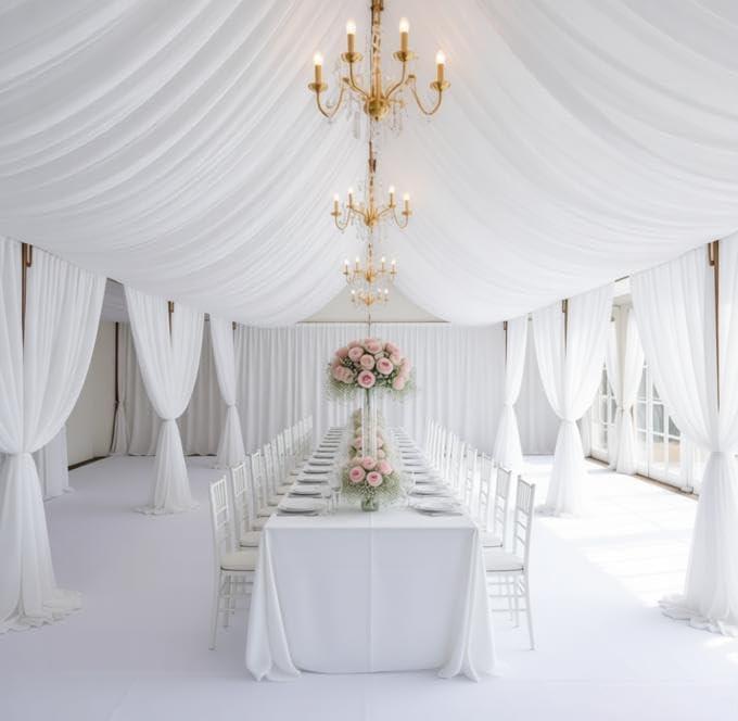 10 Panels White Ceiling Drapes for Weddings, 5ft x 30ft Chiffon White Draping Fabric for Birthday, Sheer Fabric Ceiling Curtains for Photo Background Ceremony Party Decoration
