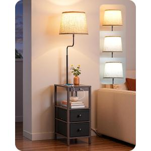 EDISHINE Floor Lamps for Living Room, Dimmable Bedside Floor Lamp with Table and 2 Shelves, USB-A+Type-C Port, Farmhouse Standing Light for Bedroom, Den, Office with Bulb, Dark Walnut