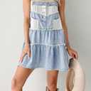 chouyatou Women's Summer Distressed Short Denim Overall Dress Adjustable Strap Lace Crochet Spliced Tiered Jean Dress (S)