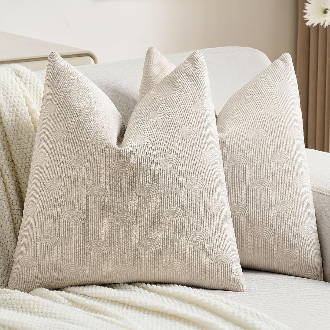 FUTEI Pack of 2 Chenille Decorative Throw Pillow Covers 20x20 Inch,Soft Cozy Striped Geometric Patterns Cushion Case,Modern Home Decor for Couch Bed Living Room,Beige