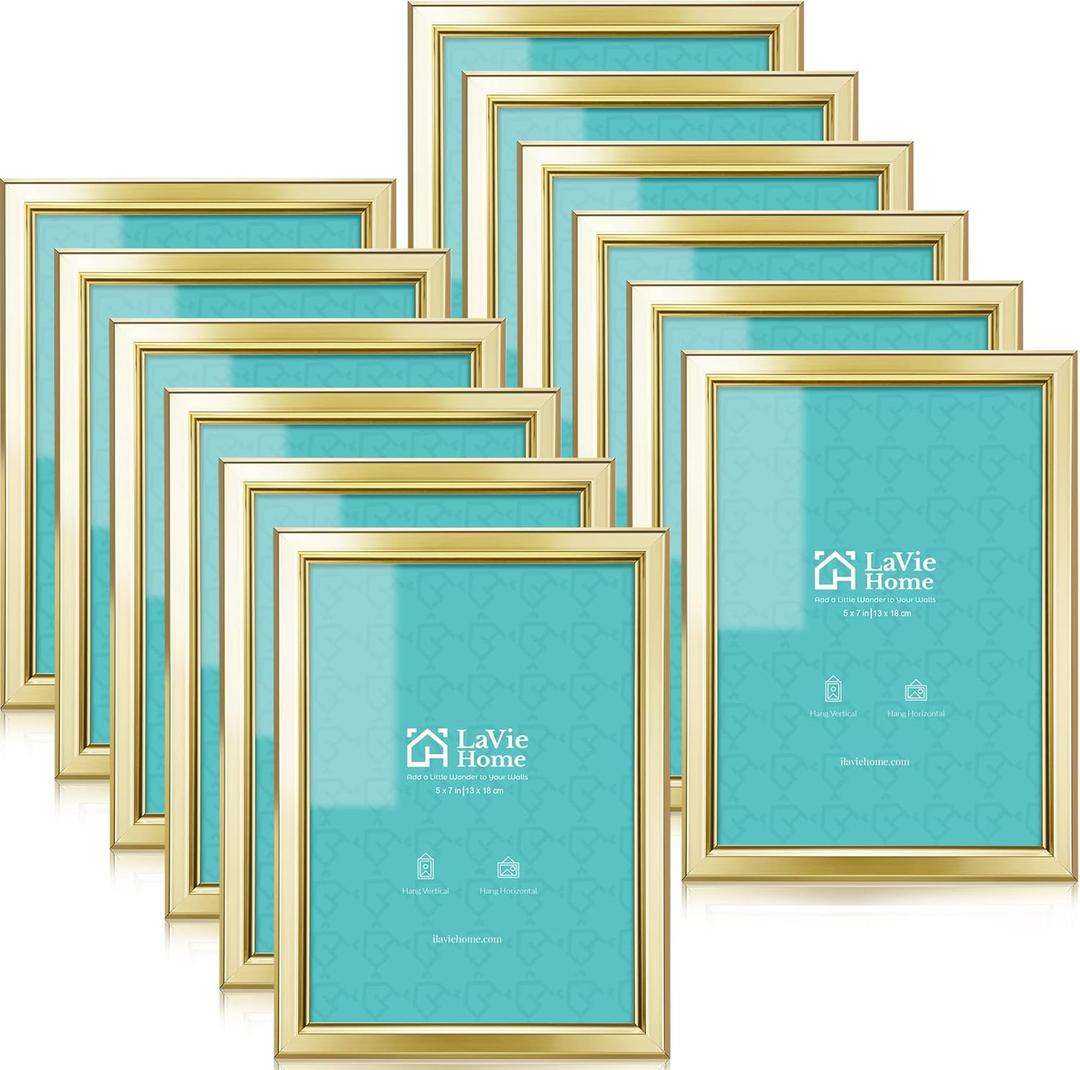LaVie Home 5x7 Picture Frames (12 Pack, Gold) Simple Designed Photo Frame with High Definition Glass for Wall Mount & Table Top Display, Set of 12 Classic Collection, Gold and Silver