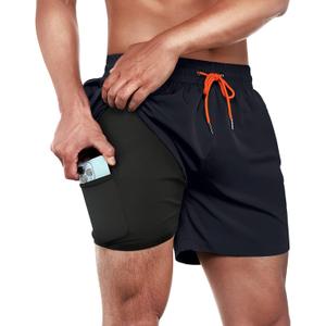 BRISIRA Mens Swim Trunks Swim Shorts Quick Dry 5 inch Inseam Beach Shorts with Compression Liner and Zipper Pocket (40, Navy)