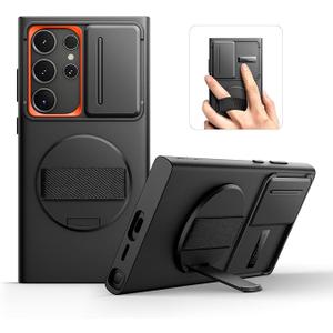 SURITCH for Samsung Galaxy S24 Ultra Case with 360° Rotatable Hand Strap Phone Grip & Invisible Kickstand & Slide Camera Cover, Rugged Shockproof Protective Cover for S24 Ultra -Black