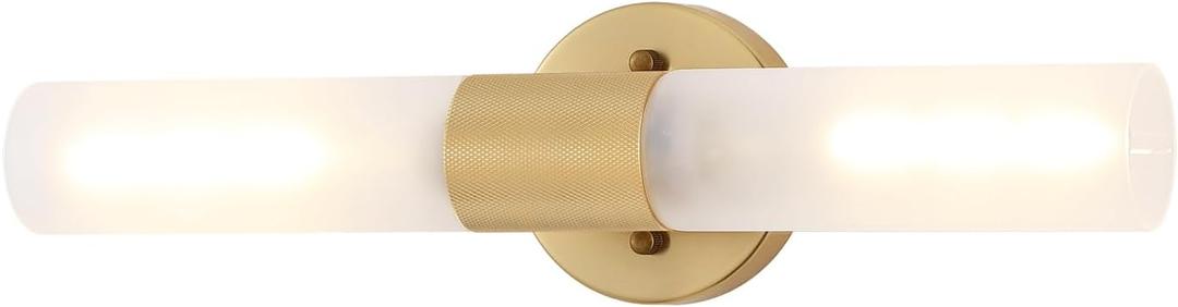 BYOLIIMA Gold Knurled Texture Wall Sconce Frosted Glass Shade Modern Bathroom Vanity Light Fixtures 2-Lights Mid Century Wall Light for Mirror Living Room Hallway E26 T10 Bulbs(Excluded)