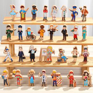 Blosssound 30 Pcs Wooden Community Helpers Toys Multicultural Career Wooden People Figures Small Diversity Professionals Wood Blocks for Preschool Classroom Play Games Educational Activity Supplies
