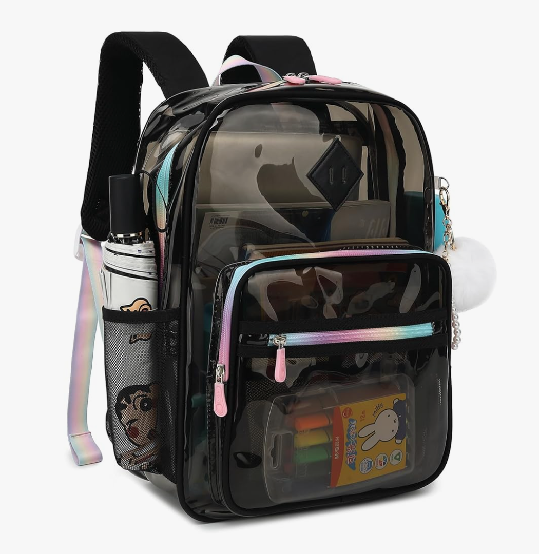 Black Clear Backpack for School, Heavy Duty PVC Transparent Bookbag See Through Backpack for Girls Women College Work Travel