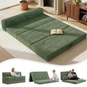 6 inch Tri-Folding Mattress Full Size, Convertible Sofa Bed Foldable Mattress with Removable Cushions & Washable Cover, Floor Mattress with High-Density Foam, Small Couch Bed, Full, Green