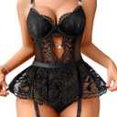 Lilosy Sexy Stocking Rhinestones Heart Garter Underwire Floral Mesh lace Sheer Babydoll Lingerie Teddy Bodysuit Skirt Set (Black, XS)
