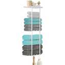 KISENG Towel Racks for Bathroom, 3 Tier Metal Towel Holder, with Shelf & 6 Hooks, 29 inch Wall Mounted Towel Storage, 6 Large Bath Towels Capacity,Small Bathroom Towel Rack for Rolled Towels, White