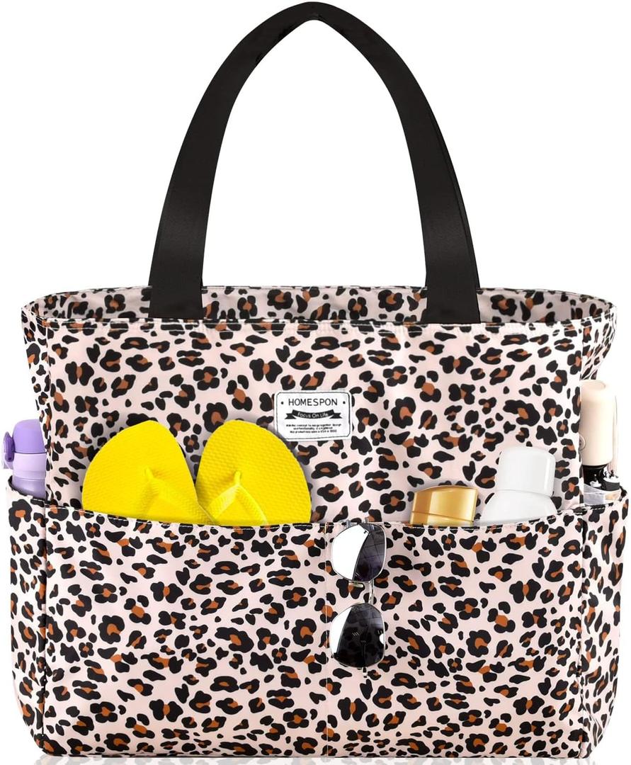 HOMESPON Large Waterproof Beach Bag for Women Sandproof Tote Bag Pool Bag with Zipper and Pockets for Travel Vacation Gym (Leopard Print)