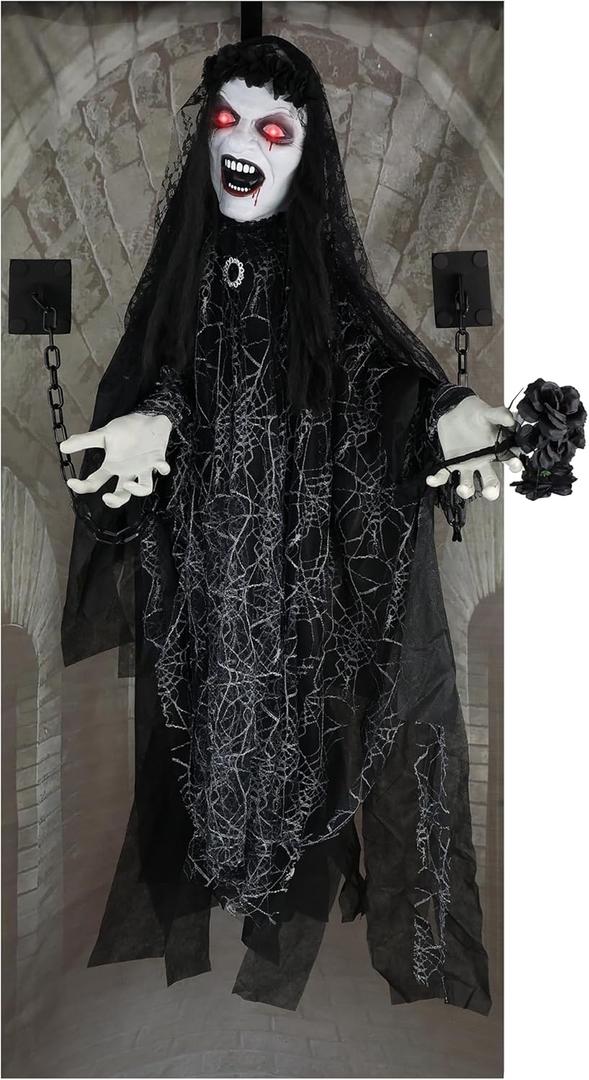 Haunted Hill Farm 4.3-Ft Animatronic Scary Demon Widow Door Greeter with Touch Activated Lights and Sound, Battery-Operated Indoor or Covered Outdoor Halloween Decoration