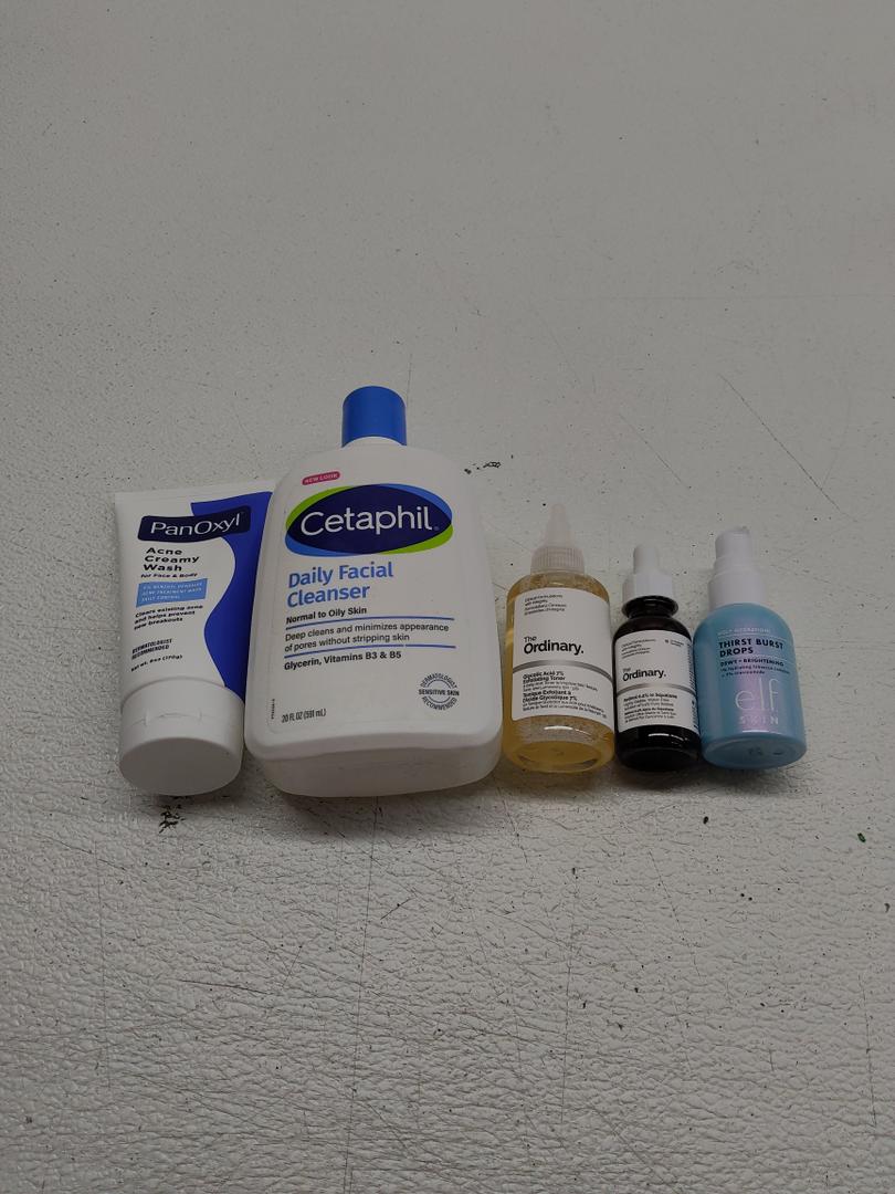 PanOxyl Antimicrobial Hydrating Acne; The Ordinary Glycolic Acid; e.l.f. SKIN Holy Hydration; Cetaphil Face Wash; The Ordinary Retinol