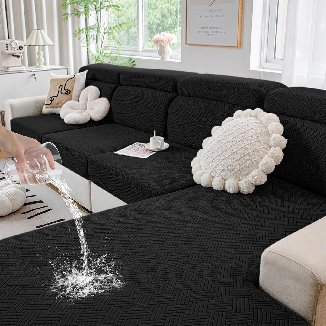 hyha Waterproof Couch Cushion Covers, Stretch Magic Sofa Seat Slipcover, Waterproof Sectional Couch/Sofa Cushion Covers for Pets Washable with Elastic Bottom(3PC, Black)
