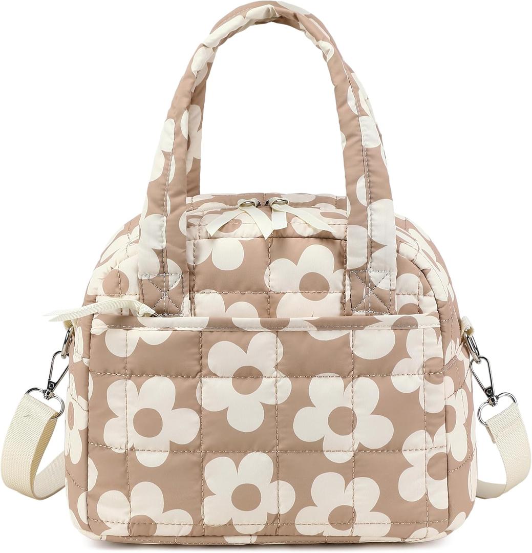 LEDAOU Lunch Box for Women Lunch bag Quilted Puffer Insulated Lunch Box with Adjustable Strap Reusable LunchBox for Work School Picnic Travel (Big Flower Brown)