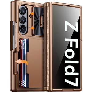 Vizvera for Galaxy Z Fold 7 Case Wallet,RFlD Cards Holder [Privacy Screen Protector][Camera Cover] Shockproof Silicone Protective Phone Case for Z Fold 72025(Desert Gold)