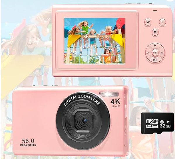 Digital Camera for Kids,4K Point and Shoot Digital Cameras for Kids with 32GB Sd Card Pink 56.0 MP Max