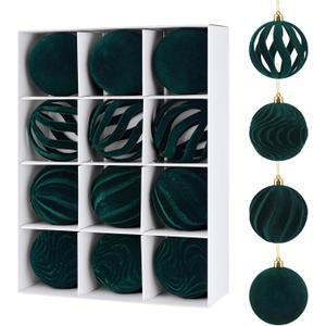 12Pcs 2.36in Velvet Christmas Tree Balls Ornaments Plastic Flocked Shatterproof Handmade Hanging Decoration Plush Balls Sets for Christmas (Green)