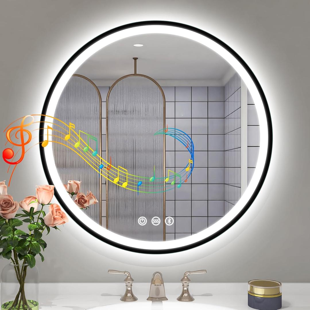 STARLEAD LED-Bathroom-Mirror-with-Lights, 24" Wall-Mounted with Bluetooth Speaker, Anti-Fog, 3 Color Temperature Dimmable Brightness, Waterproof, Frontlit & Backlit, Black Frameless Round