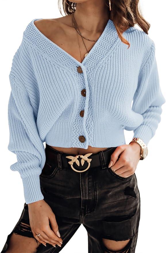 Women's Cropped Cardigan V Neck Button Down Ribbed Knit Long Sleeve Casual Sweater for Office Daily Wear M