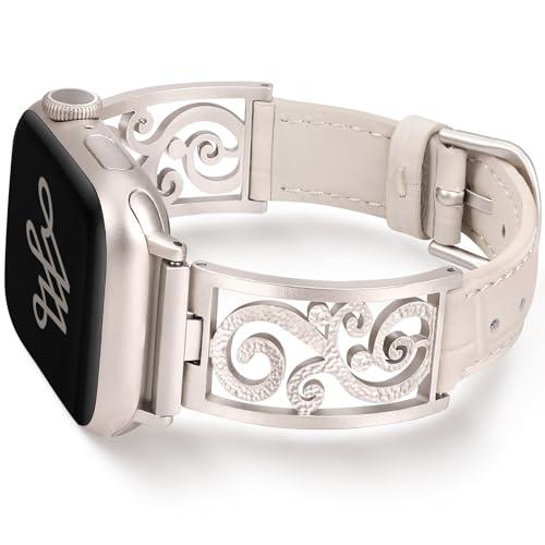 Wearlizer Slim Leather Band Compatible with Apple Watch Bands Women 41/40/38/42/44/45/46/49mm, Dressy Fancy Thin Designer Vintage Filigree Strap for iWatch Series 11 10 9 8 7 6 5 4 3 SE/Ultra 3 2 1